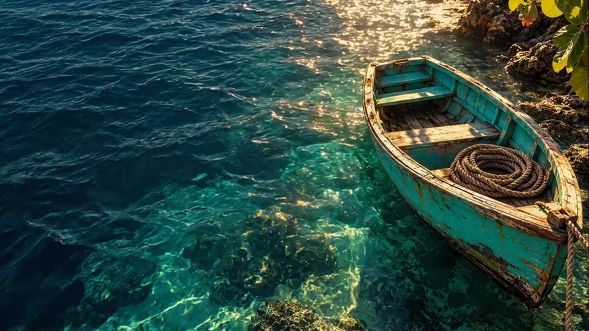 Interpretación artística de una pequeña embarcación sobre aguas turquesas al atardecer